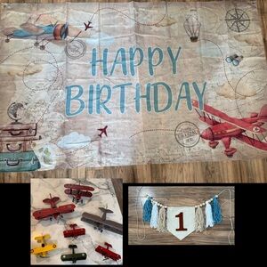 Vintage Airplane Birthday Decor. 1st birthday 8 piece bundle.